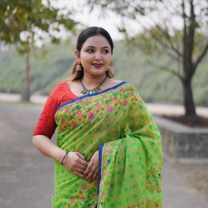 Prijosree Signature Boutique – Parrot Green Floral Print Saree