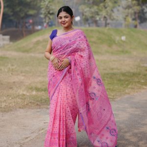 Prijosree Signature Boutique – Baby Pink Floral Screen Print Saree