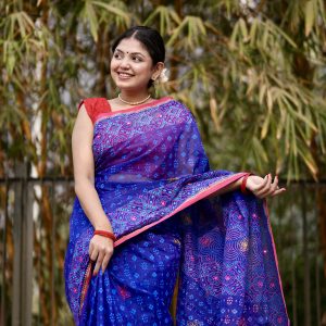 Prijosree Signature Boutique – Royal Blue Multicolor Screen Print Saree