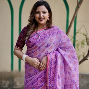 Prijosree Signature Boutique –Multicolour screen Print Saree with tarsel and doller design.